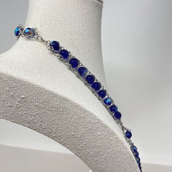 Vintage Aurora Borealis Beaded Rosary Necklace Blue Glass Long Christianity - Picture 8 of 14